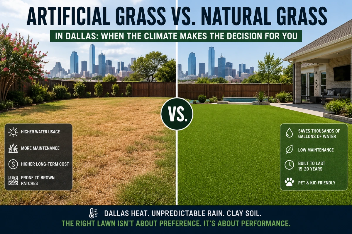 Artificial grass vs natural grass comparison in Dallas Texas backyard