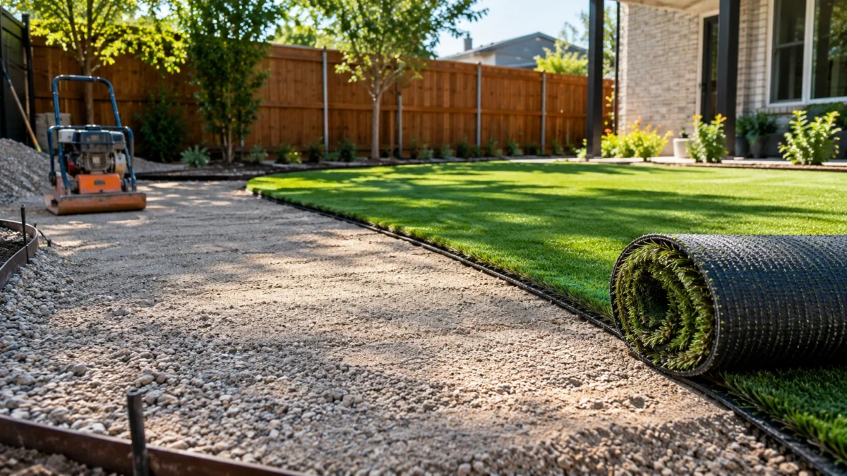 Artificial grass installation in a Dallas backyard showing compacted gravel base preparation and synthetic turf